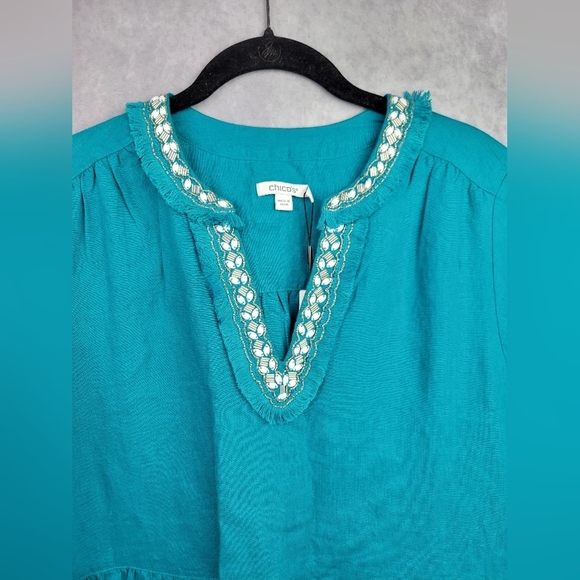 Chico's Women's Ecru 100% Linen Embellished Cap Sleeve Dress Sz 10 - Picture 7 of 15